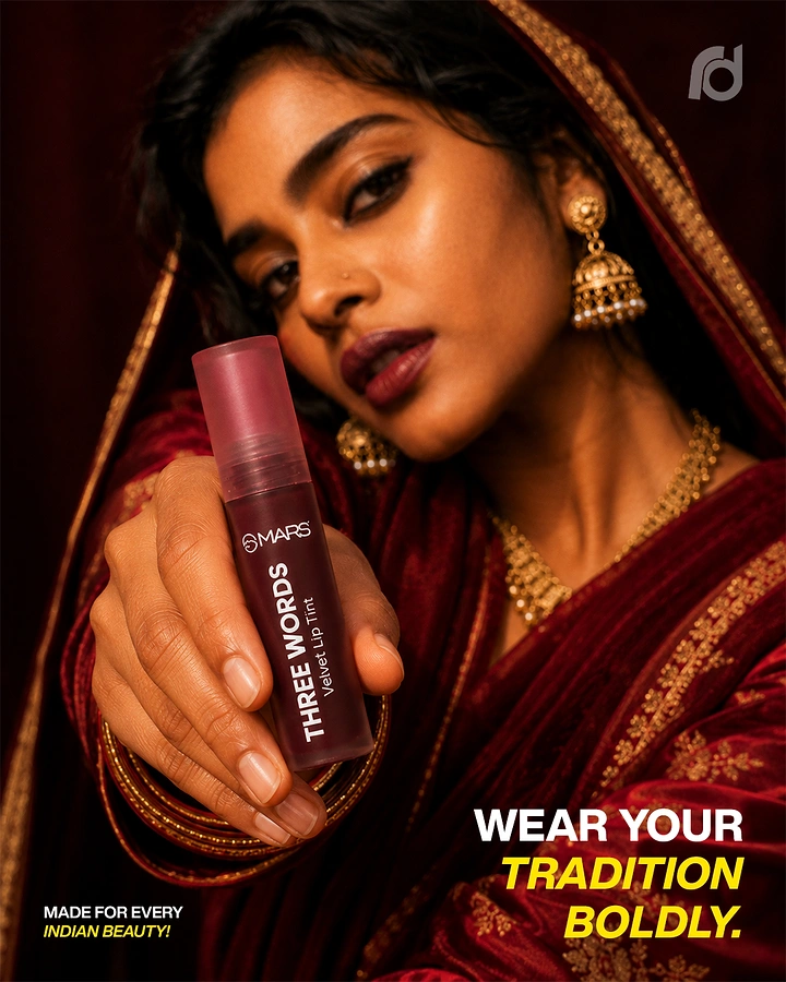 Navratri creative ad: Close-up Indian beauty portrait presenting a burgundy lip tint