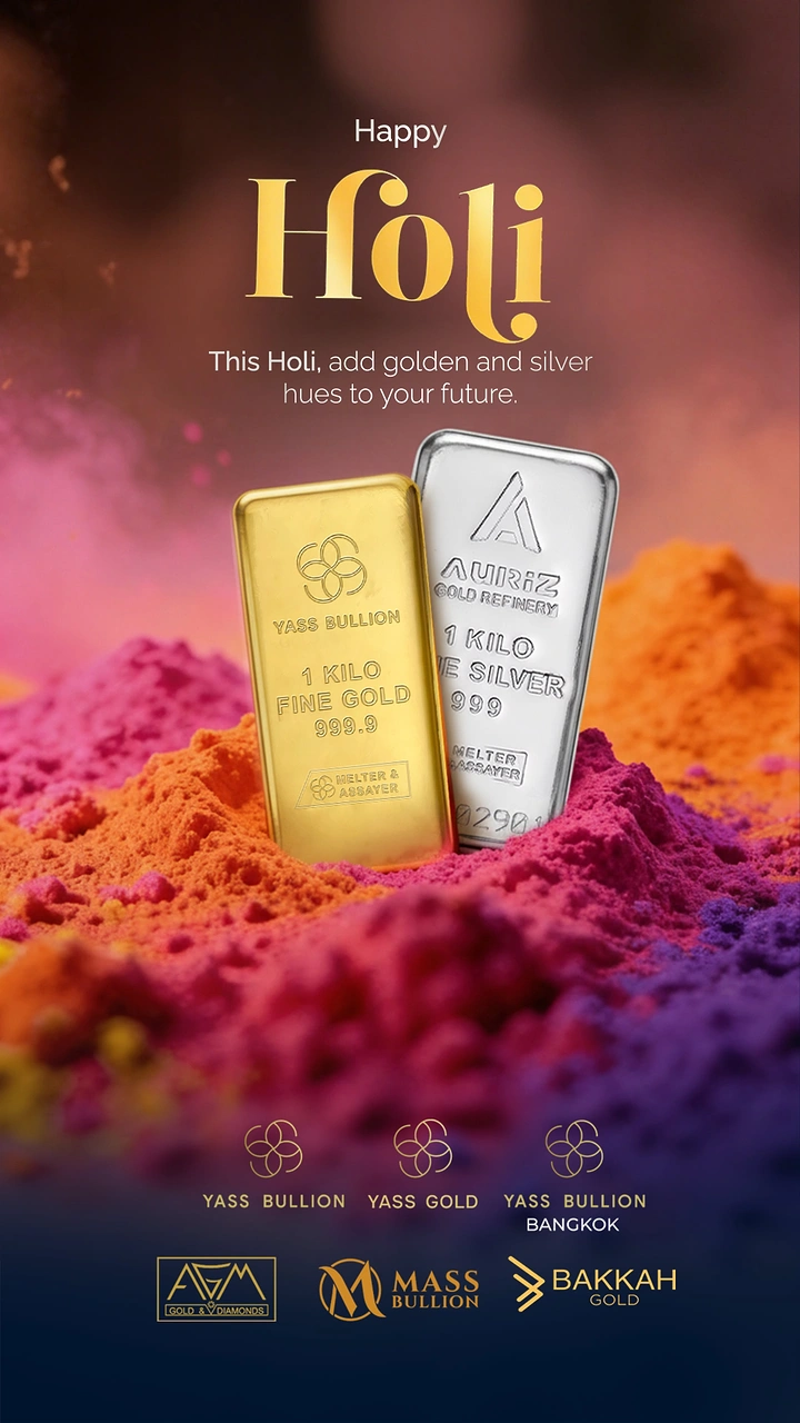 Holi creative ad: Gold bars in gulal, golden hues pun