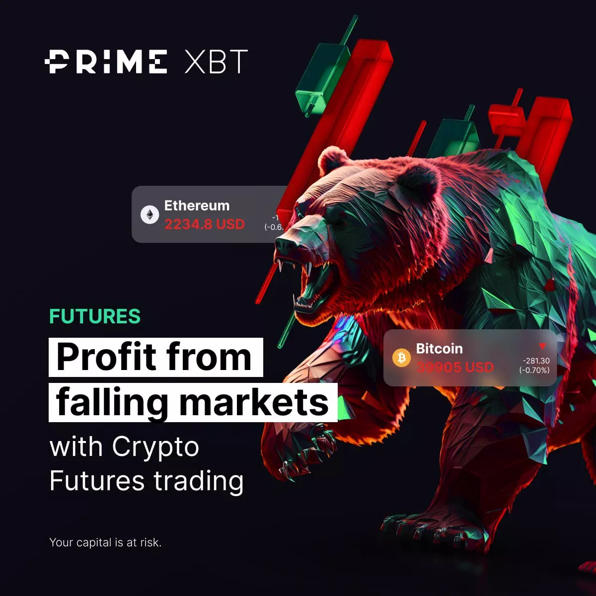 Instagram post: Roaring low-poly bear with red and green candlesticks