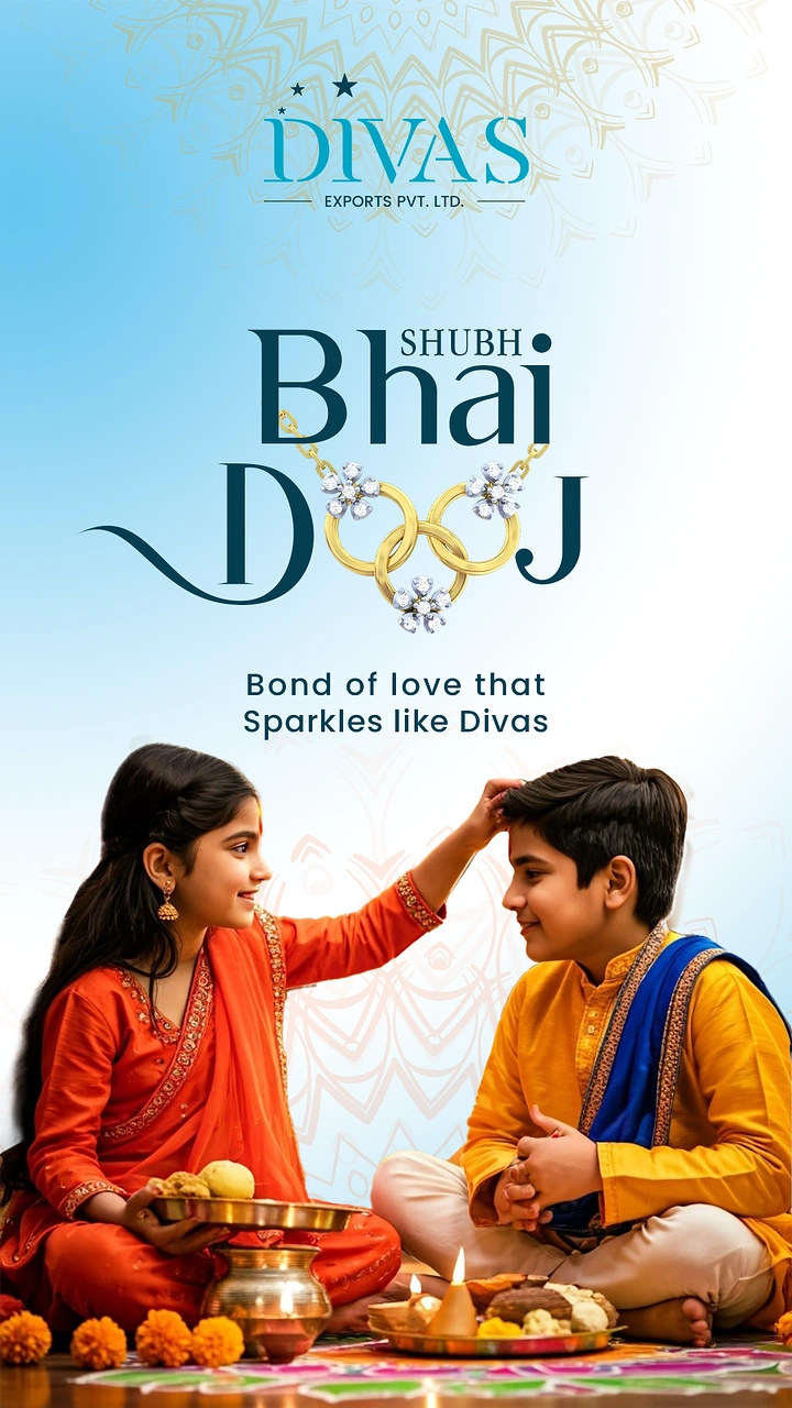 Bhai Dooj creative ad: Young sister applying tilak to brother, both seated in traditional attire