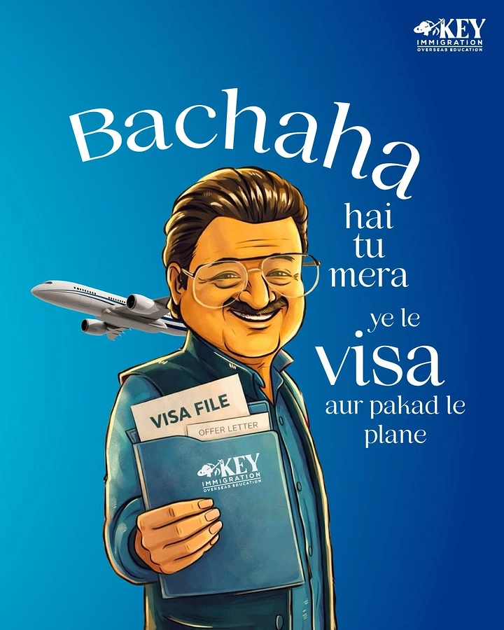 Visa & Immigration creative ad: Caricature of a smiling bespectacled man handing over a branded visa file, with a plane taking off behind him