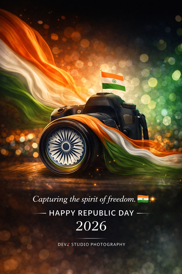 Republic Day creative ad: DSLR camera with Ashoka Chakra lens wrapped in tricolour silk