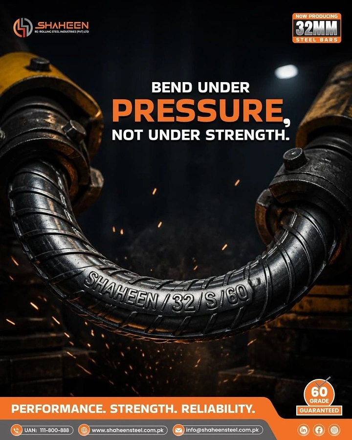Construction creative ad: A ribbed steel bar bent into a U-shape under industrial force