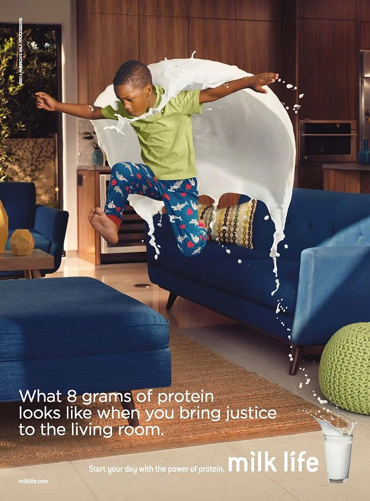 Dairy Brands creative ad: Milk splash superhero leap, witty protein copy