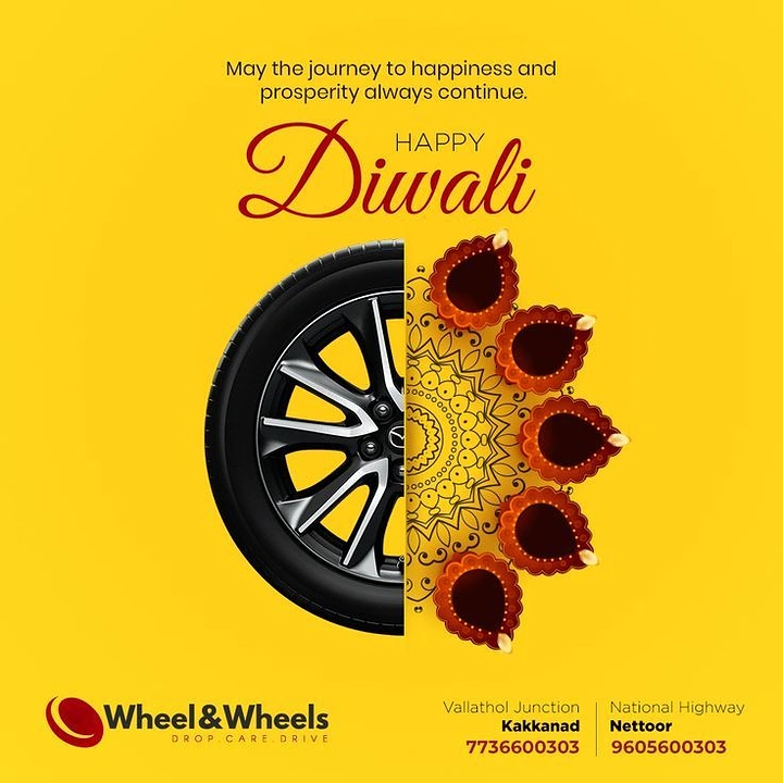Diwali creative ad: Half alloy wheel merging into half mandala ring of diyas