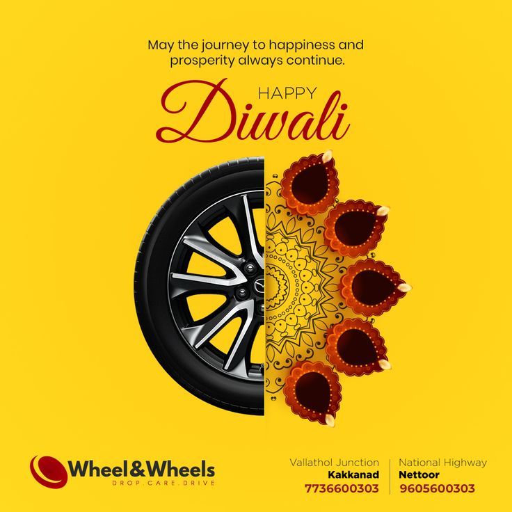 Diwali Instagram post: Half alloy wheel merging into half mandala ring of diyas