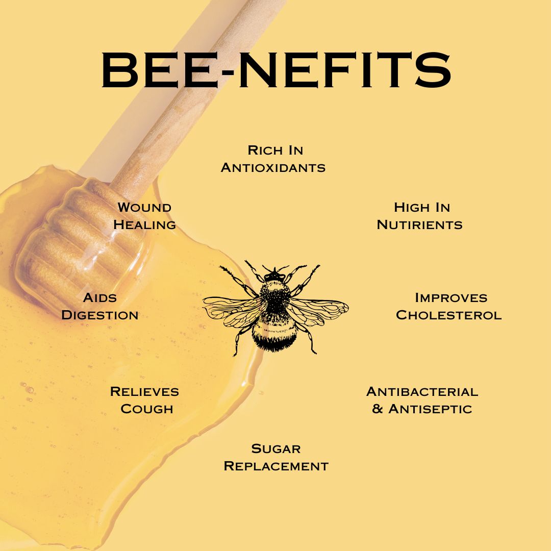 Instagram post: Bee-themed benefits pun and diagram