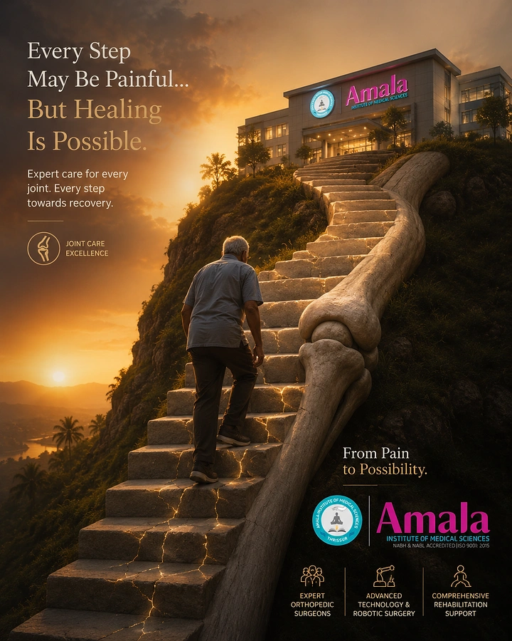 Physiotherapy creative ad: Older man climbing a glowing staircase toward a medical institute
