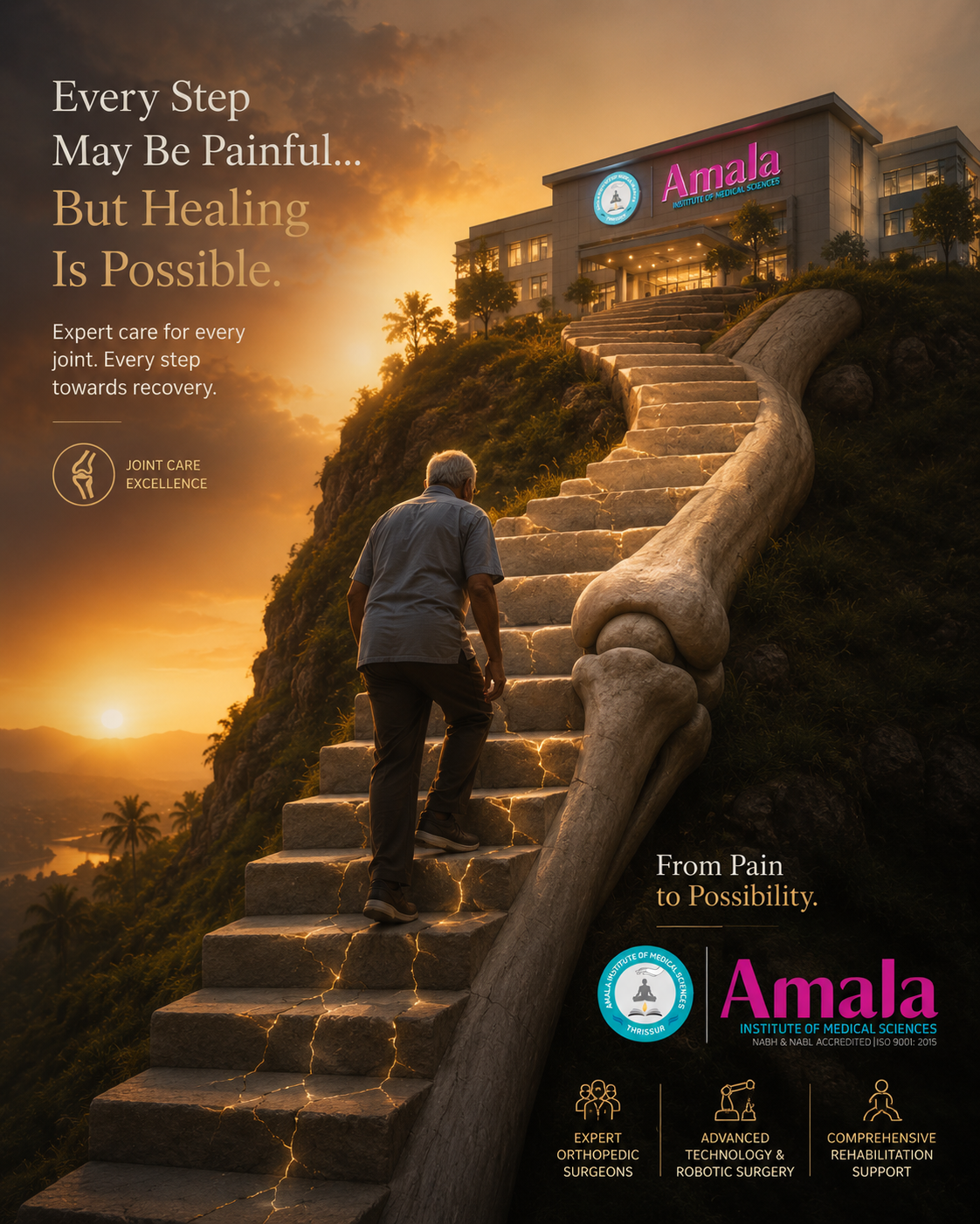 Poster: Older man climbing a glowing staircase toward a medical institute