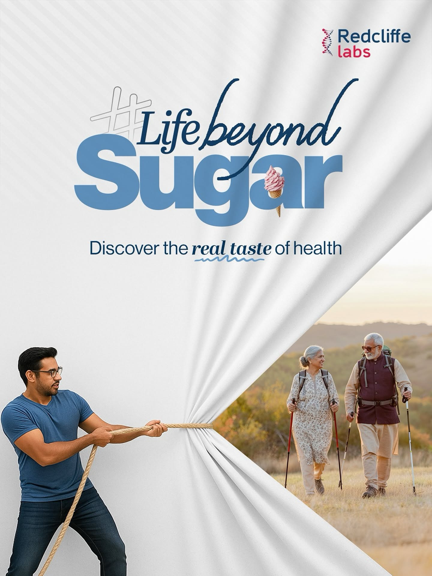 Instagram post: Man pulling back a white curtain with a rope to reveal an active senior couple hiking
