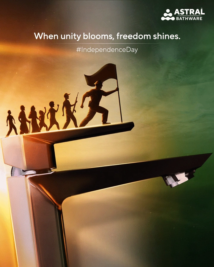 Independence Day creative ad: Silhouetted freedom marchers with a flag on a chrome faucet