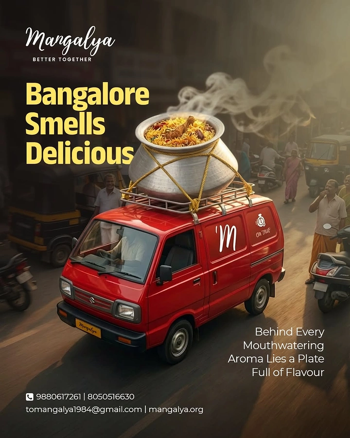 Cloud Kitchens & Food Trucks creative ad: Delivery van carrying giant biryani pot