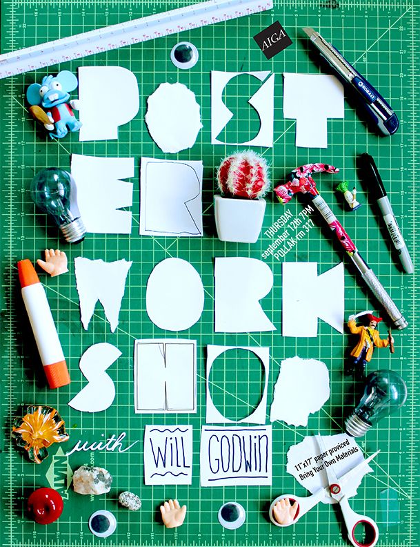 Poster: Hand-cut white paper letters on green cutting mat surrounded by desk objects
