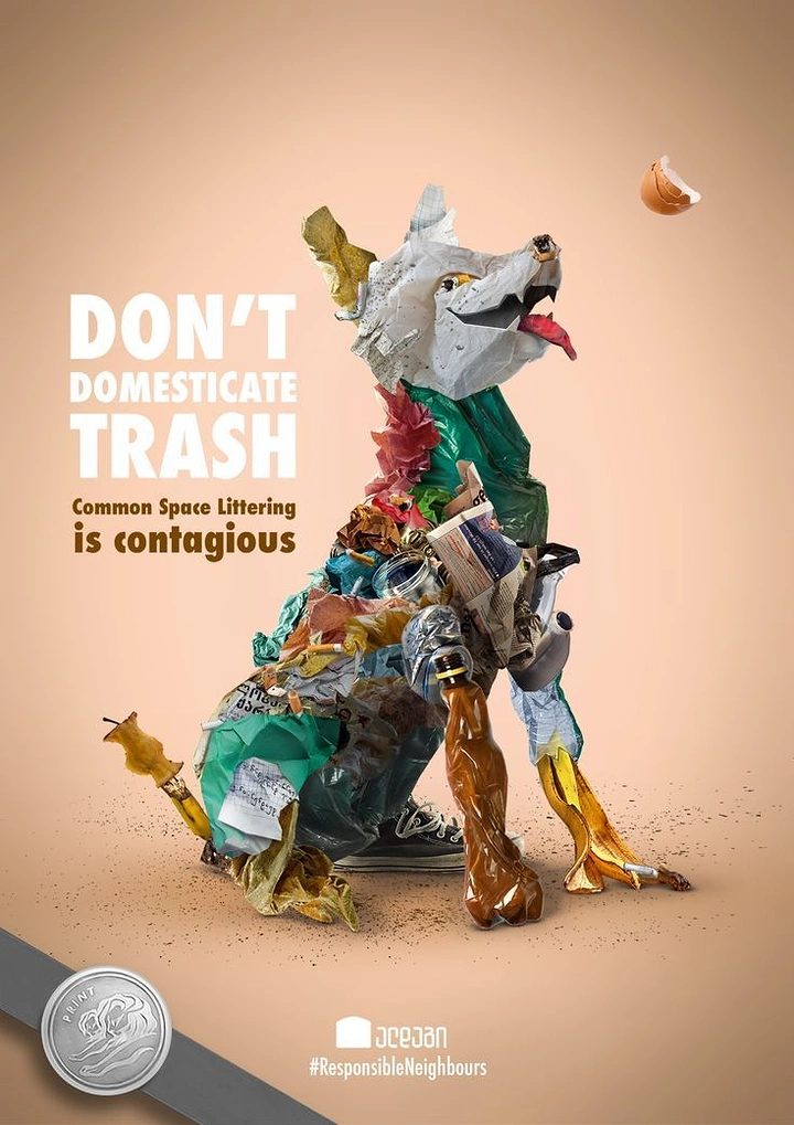 Real Estate creative ad: Seated dog sculpted from crumpled trash, plastic bottles and peels