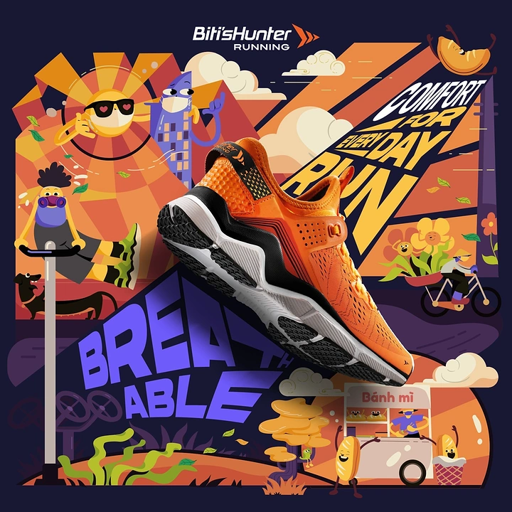 Gym & Fitness creative ad: Orange running shoe floating over an illustrated city street scene