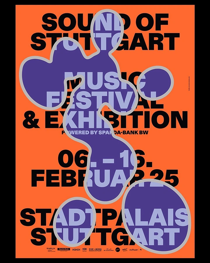Creative ad: Purple organic blobs overlaying giant black type