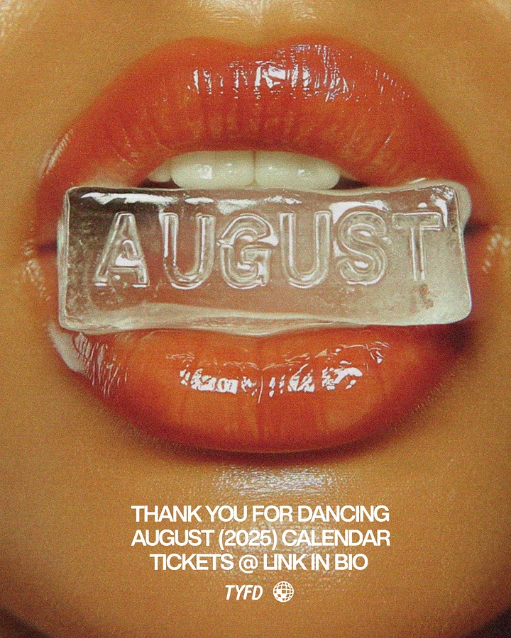 Events & Nightlife creative ad: Extreme close-up of orange glossy lips biting an ice block embossed with the month