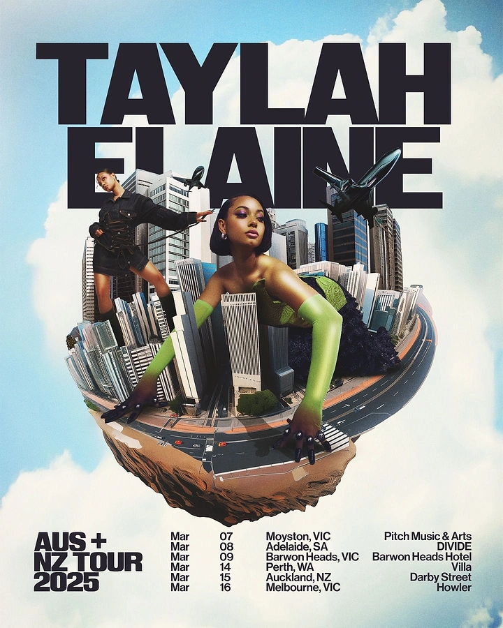Creative ad: Giant woman in lime-green gloves leaning over a floating spherical city