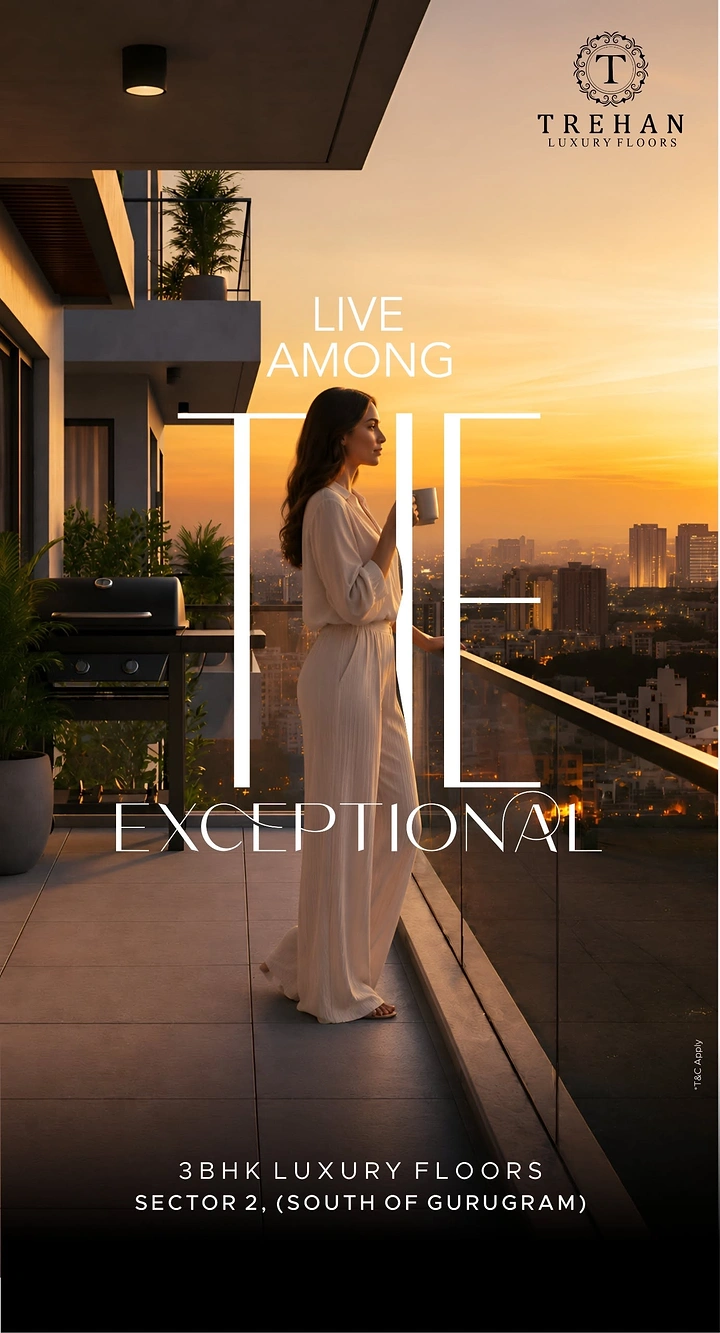 Creative ad: Woman in cream loungewear on a high-rise balcony at golden-hour sunset