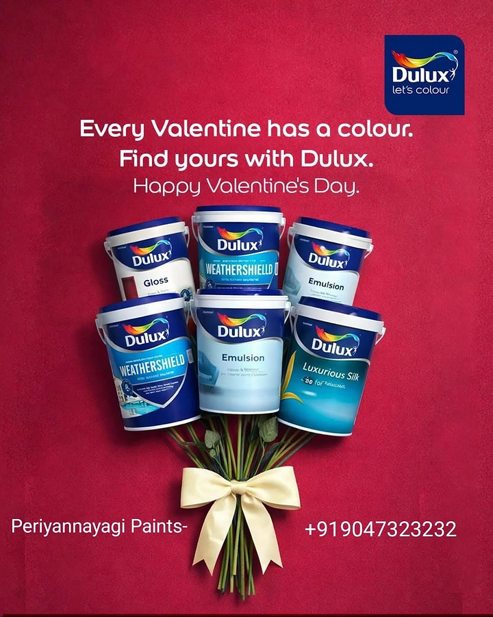 Valentine's Day creative ad: Six paint buckets arranged as a flower bouquet tied with a ribbon