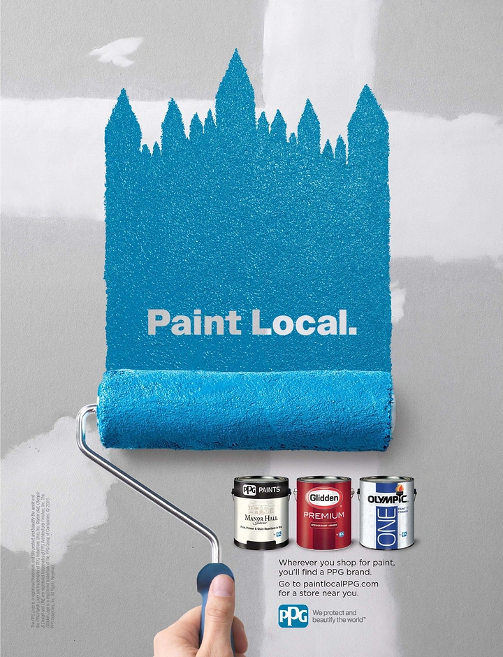 House Painters creative ad: A roller painting a blue stroke whose top forms a castle skyline