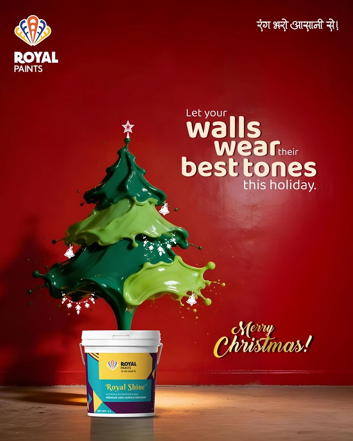 Christmas creative ad: Green paint splash shaped like a Christmas tree erupting from a paint bucket