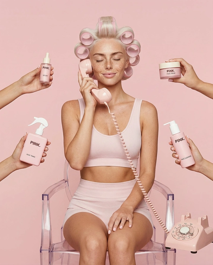 Skincare & Cosmetics creative ad: Freckled model in hair rollers on a pink retro phone, surrounded by hands offering skincare