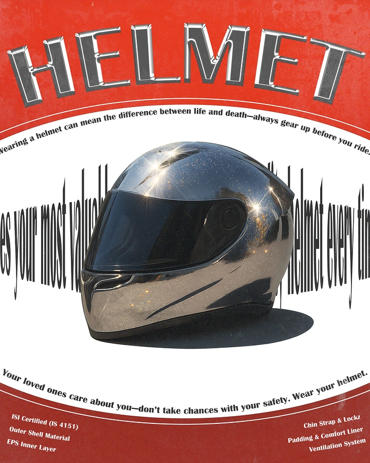 Helmets & Riding Gear creative ad: Helmet framed by dramatic safety typography