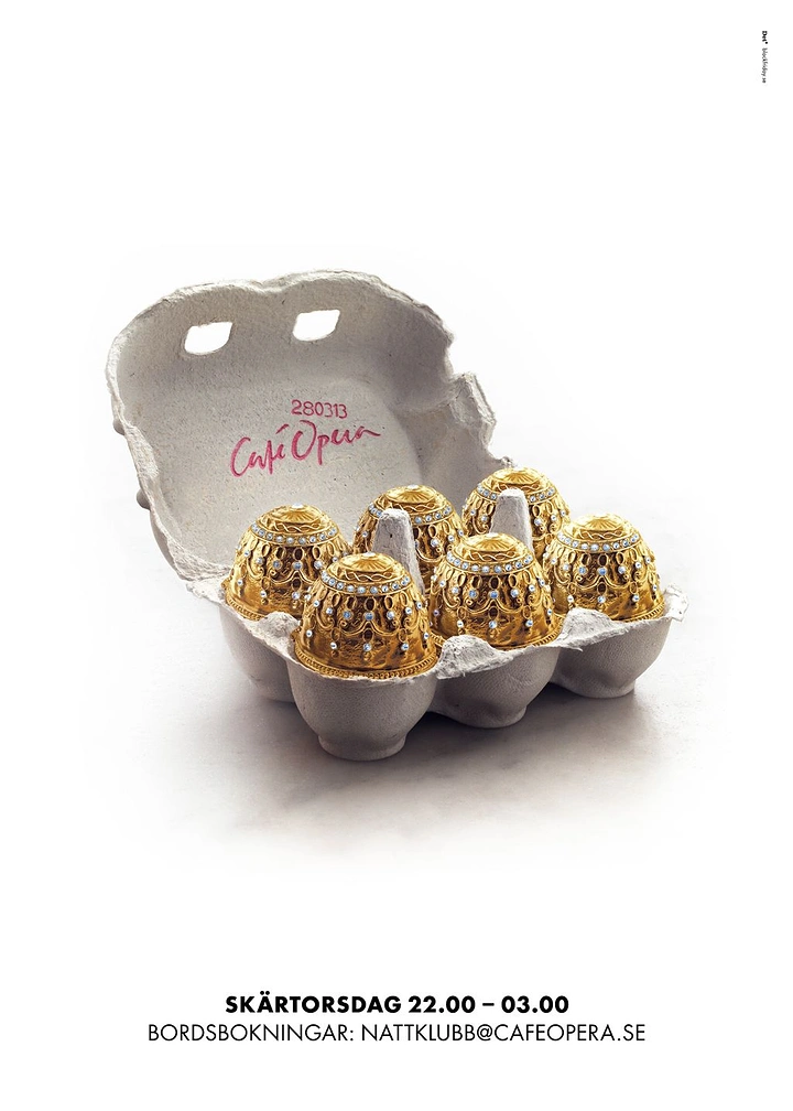 Easter creative ad: Cardboard egg carton holding six jewelled gold eggs