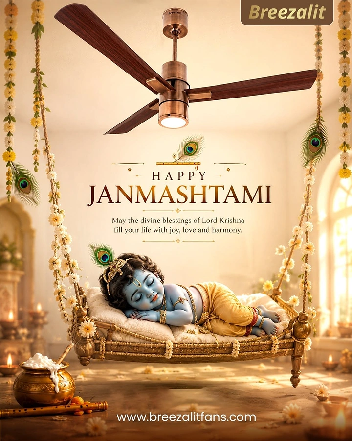 Janmashtami creative ad: Sleeping baby Krishna on a flower-decked swing beneath a copper ceiling fan