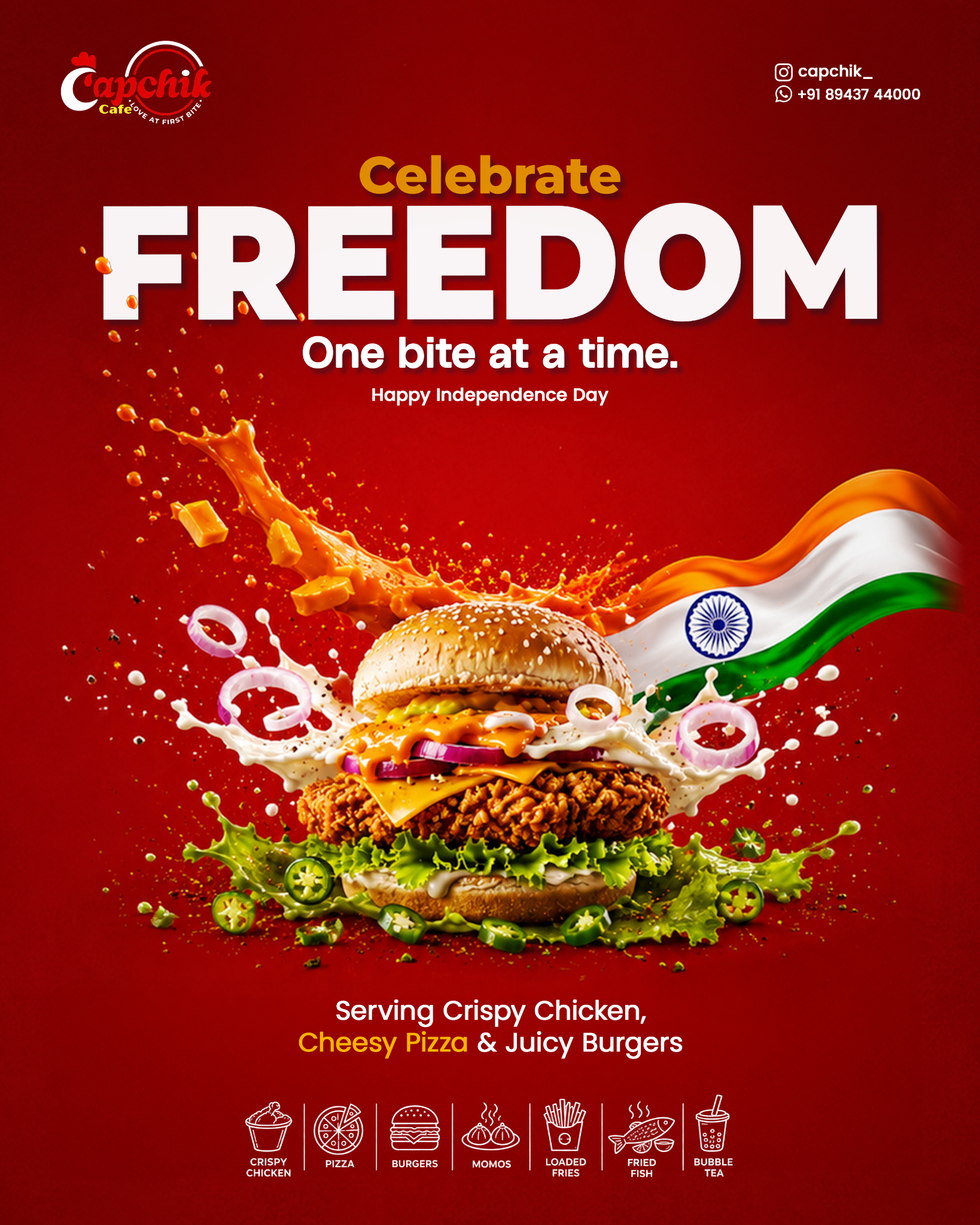 Independence Day Instagram post: Crispy chicken burger exploding with sauce splashes beside a waving tricolour