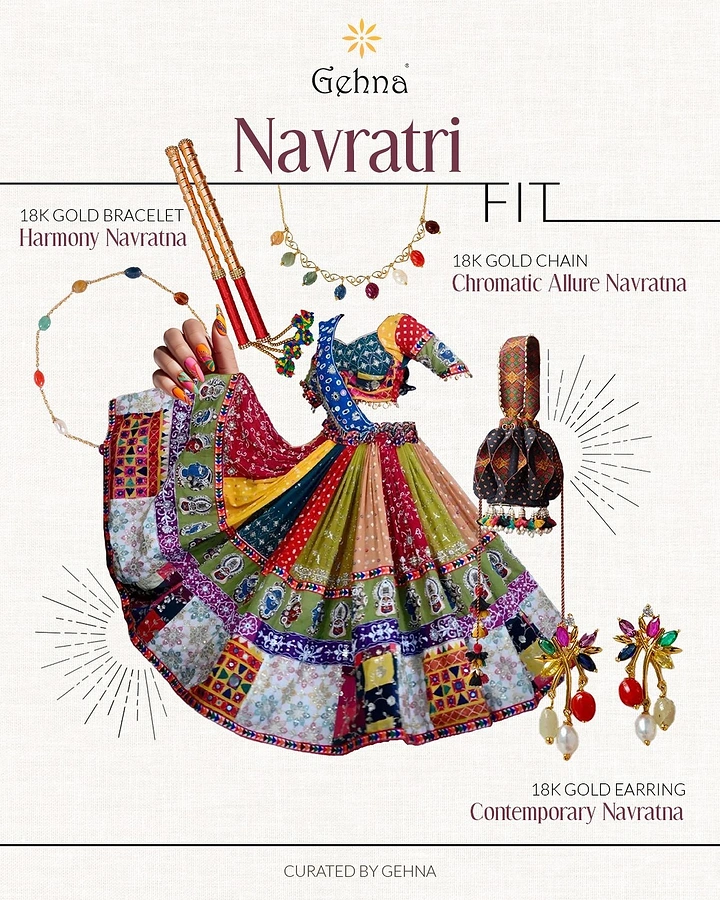 Navratri creative ad: Flat-lay of a patchwork chaniya choli with navratna gold jewellery and dandiya