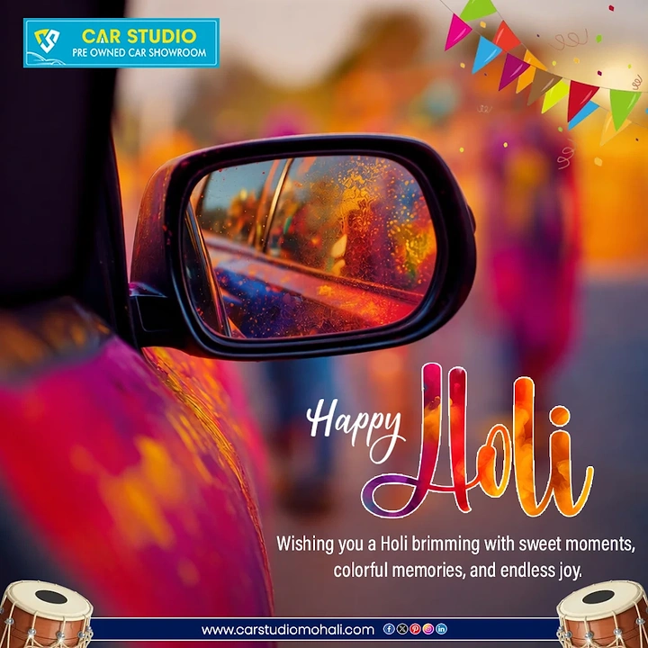 Holi creative ad: Car side mirror reflecting Holi colours