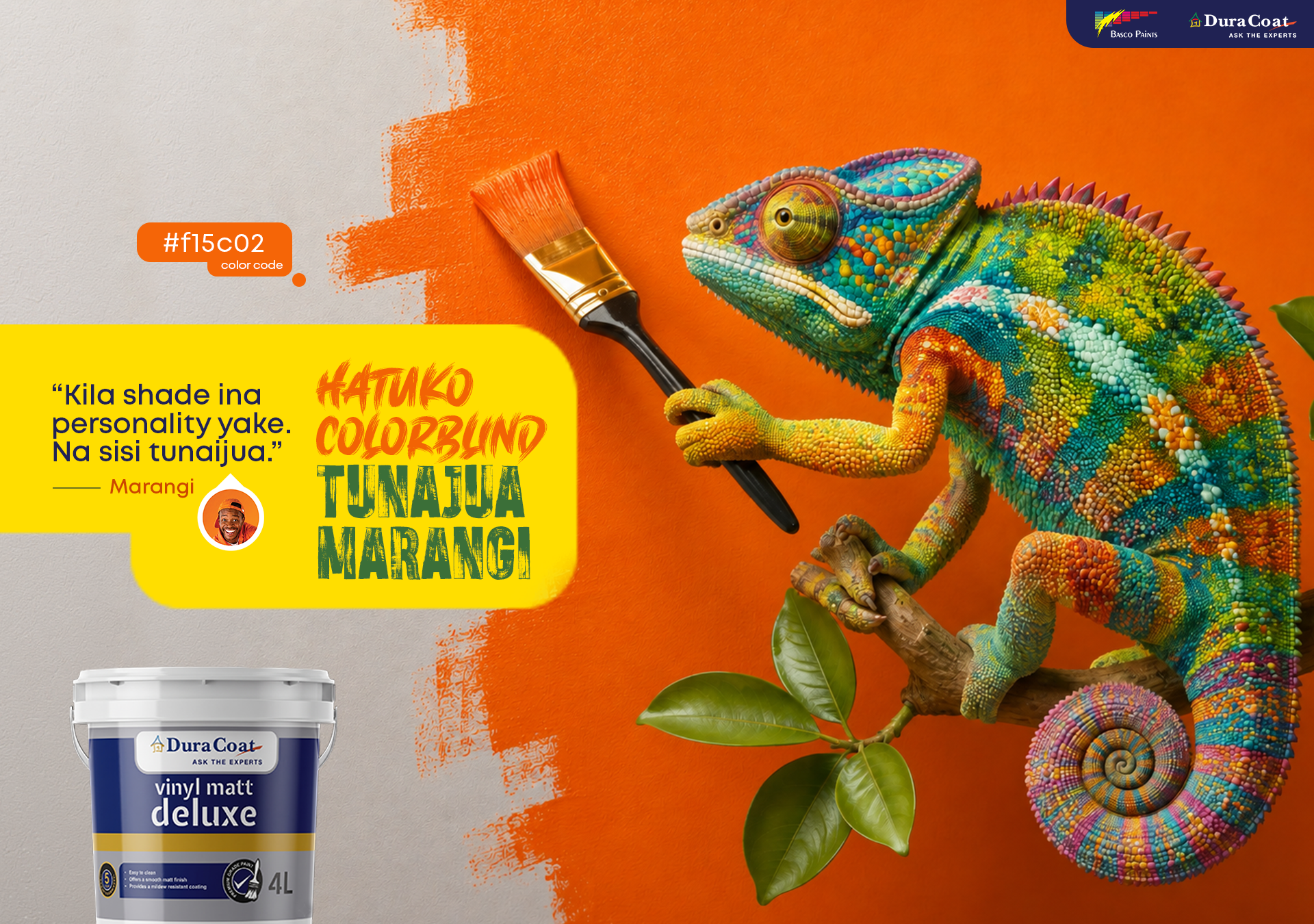 Poster: A highly detailed multicolored chameleon holding a paintbrush against a split orange wall