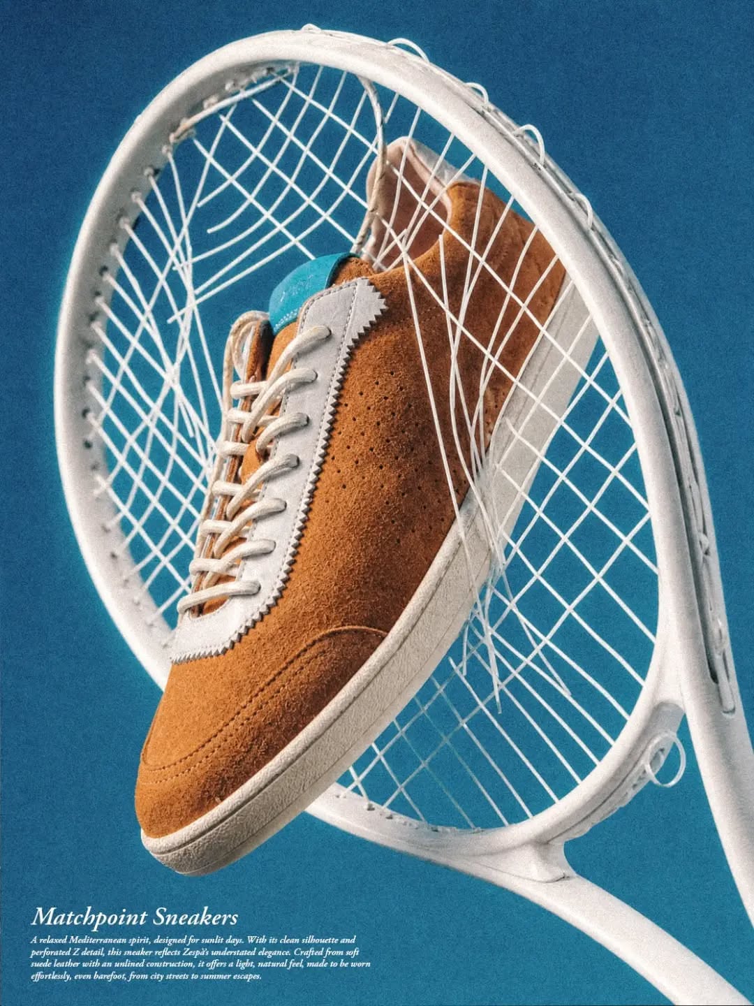 Instagram post: Tan suede sneaker bursting through white tennis racket strings