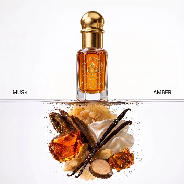 Creative ad: Attar bottle resting on water surface above submerged scent ingredients
