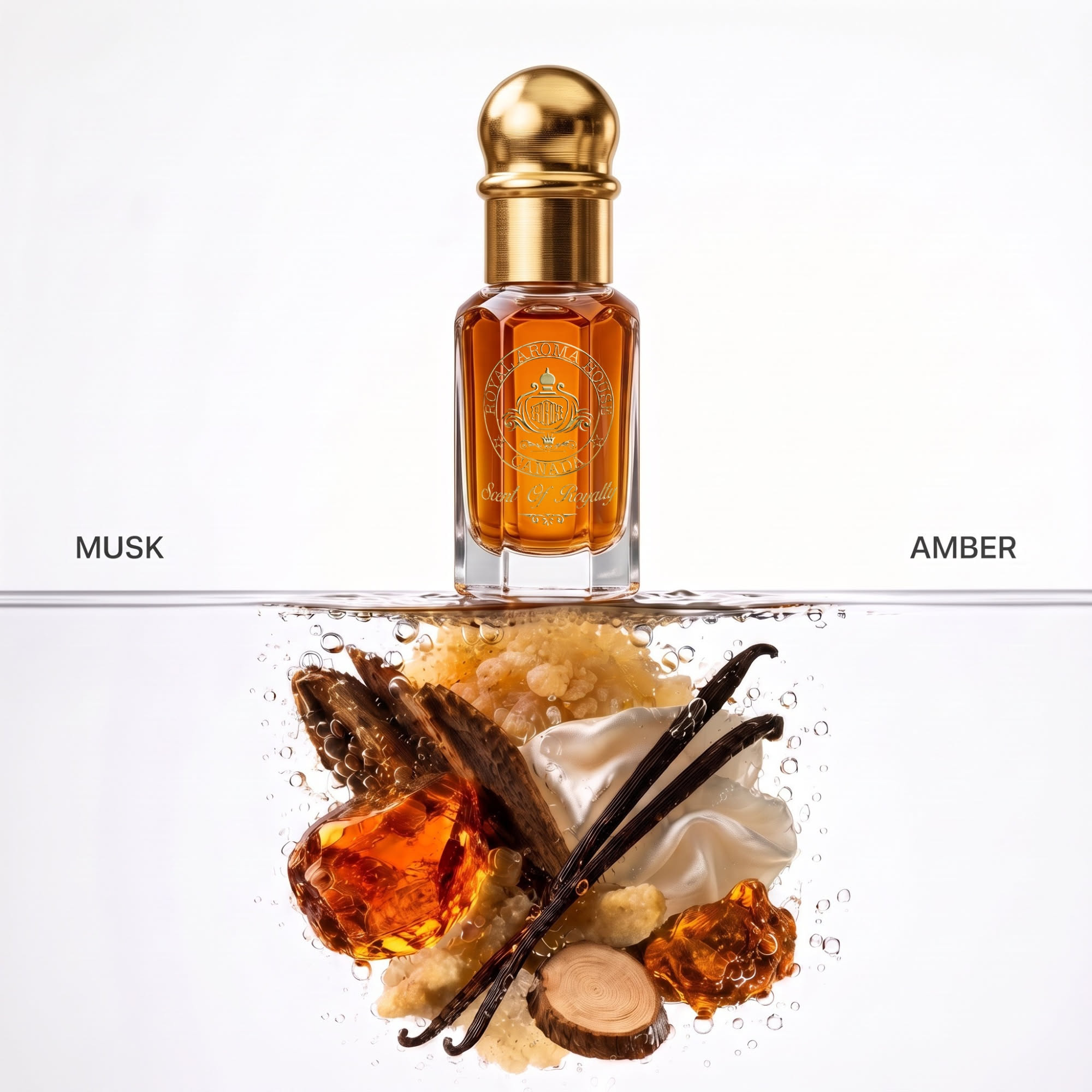 Instagram post: Attar bottle resting on water surface above submerged scent ingredients