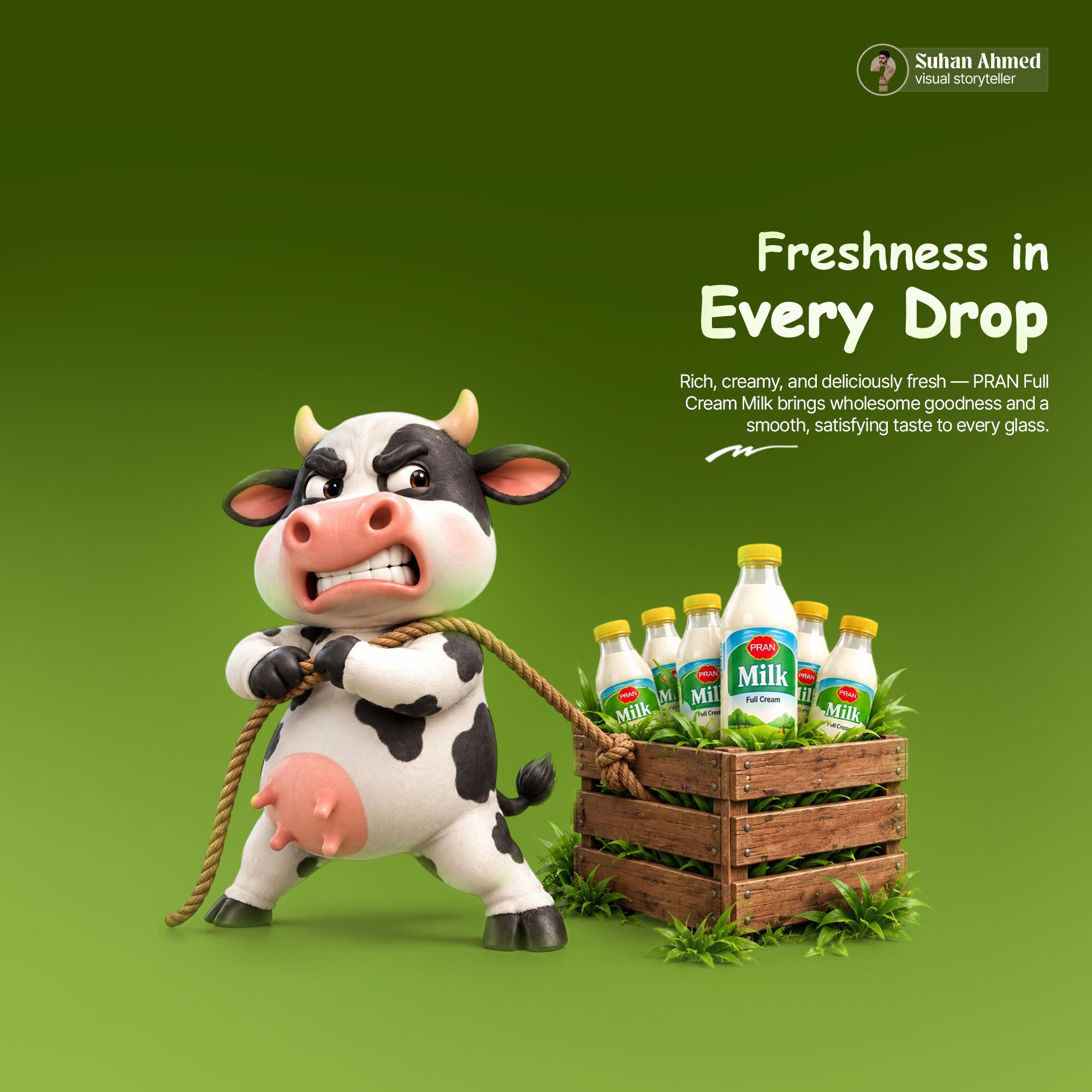 Instagram post: Cow hauling milk crate, 3D character