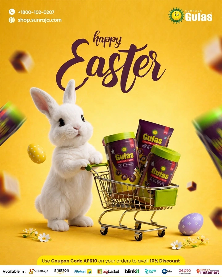 Easter creative ad: White bunny pushing a mini shopping cart full of jaggery powder jars