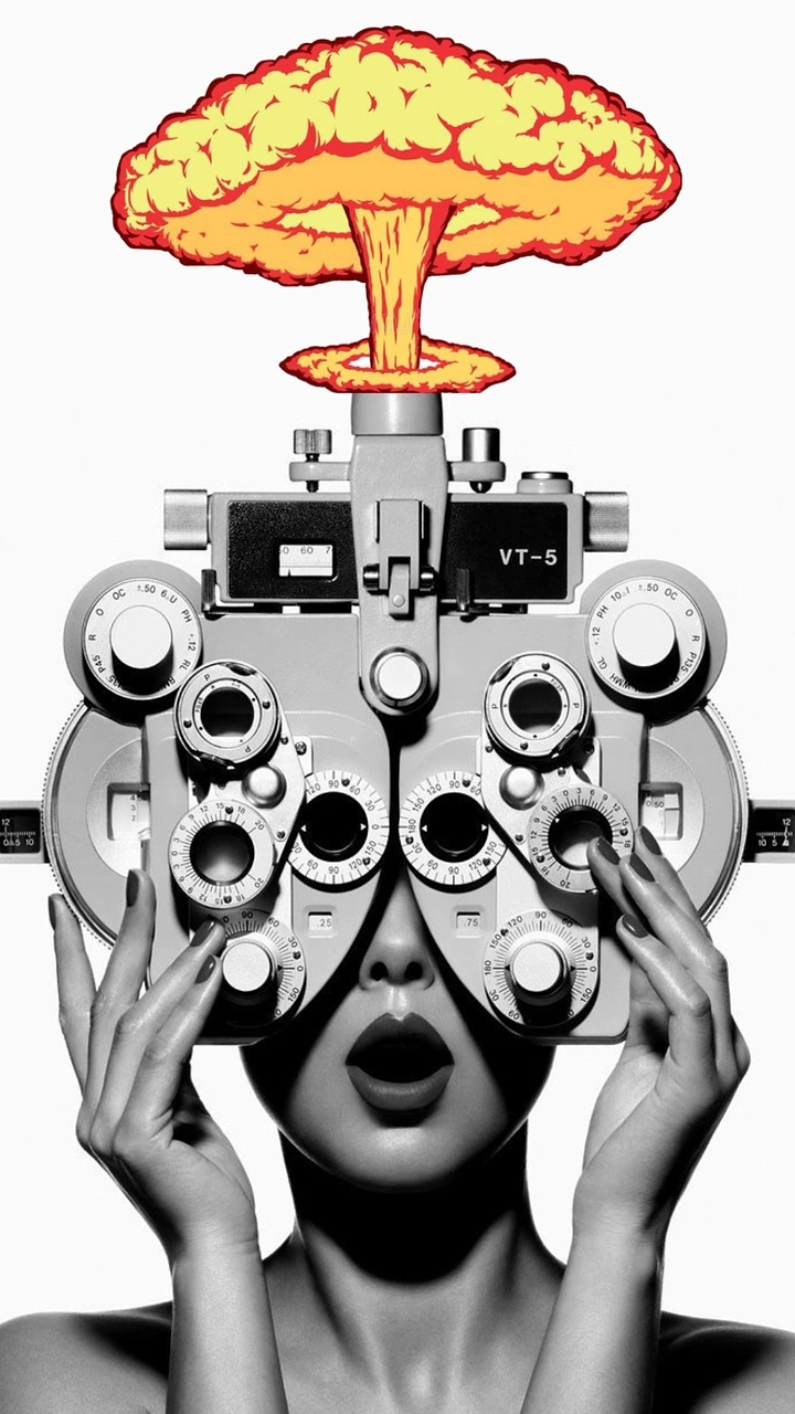 Opticians & Eye Care creative ad: Phoropter face with mushroom-cloud mind blown