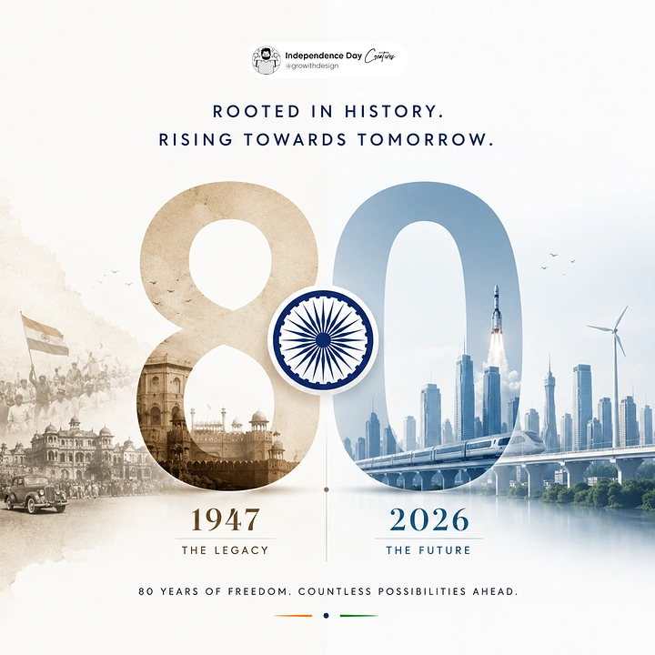 Independence Day creative ad: Giant '80' numeral filled with sepia 1947 heritage on the left and a blue futuristic city on the right