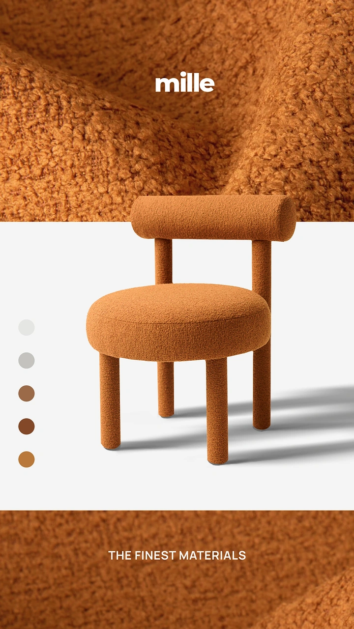Creative ad: Burnt-orange boucle chair with a round seat and bolster back