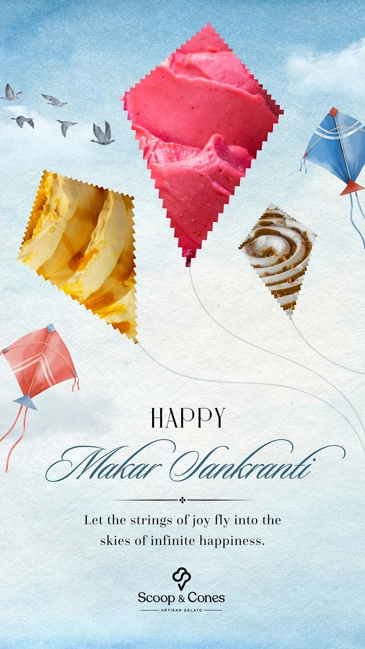 Makar Sankranti creative ad: Kites cut from gelato-scoop photos in a pale sky