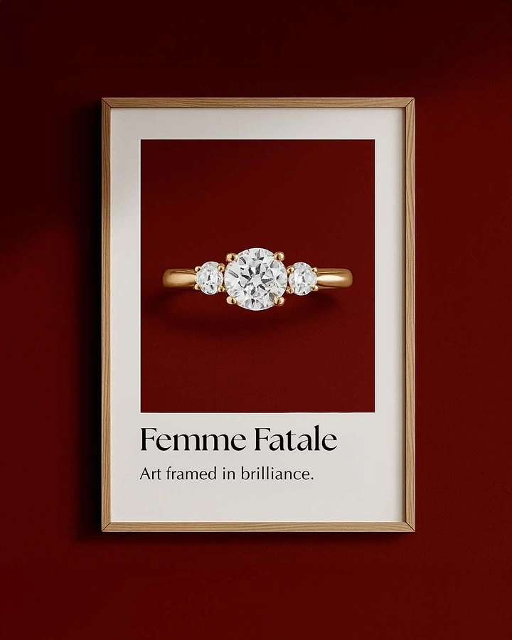 Creative ad: Gold three-stone diamond ring shown as framed art print