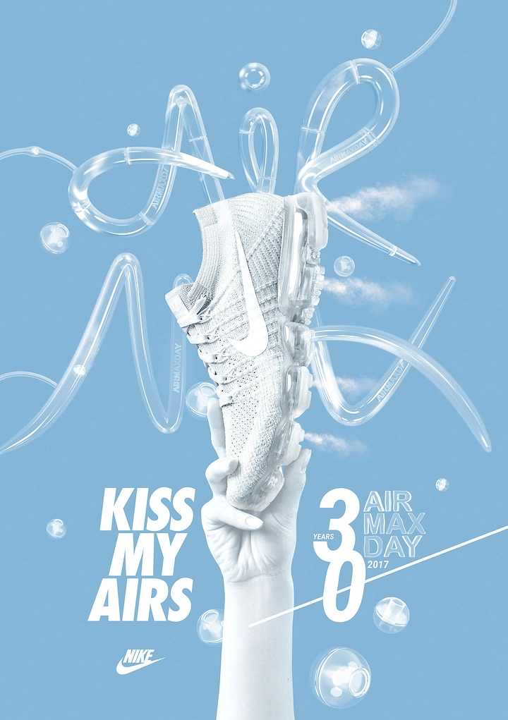 Sneakers & Footwear creative ad: Hand holding up an all-white knit sneaker amid glass-tube script lettering