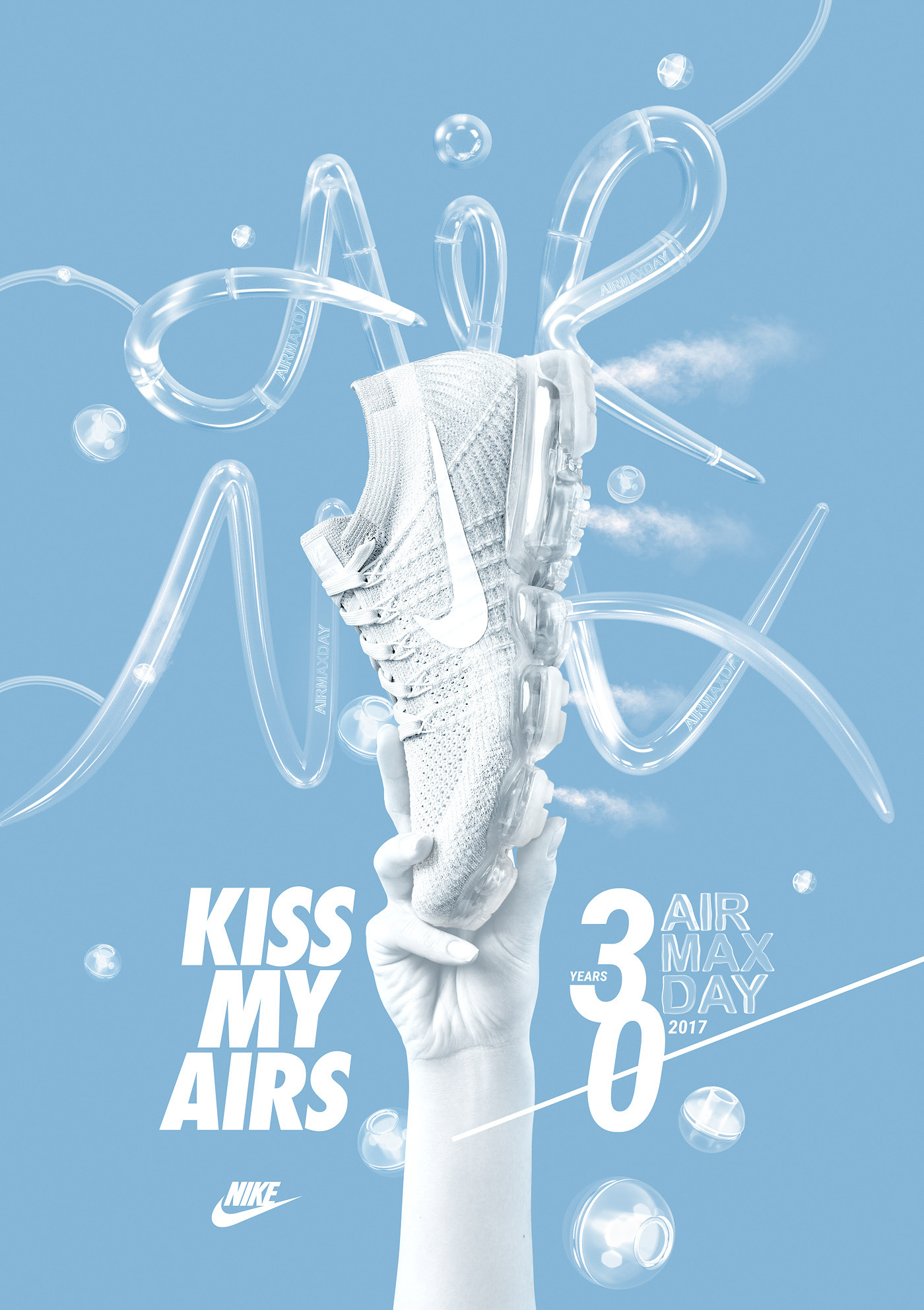 Poster: Hand holding up an all-white knit sneaker amid glass-tube script lettering