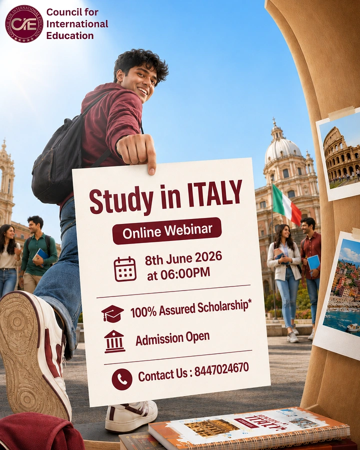 Visa & Immigration creative ad: Smiling student holding a webinar info sign in an Italian piazza