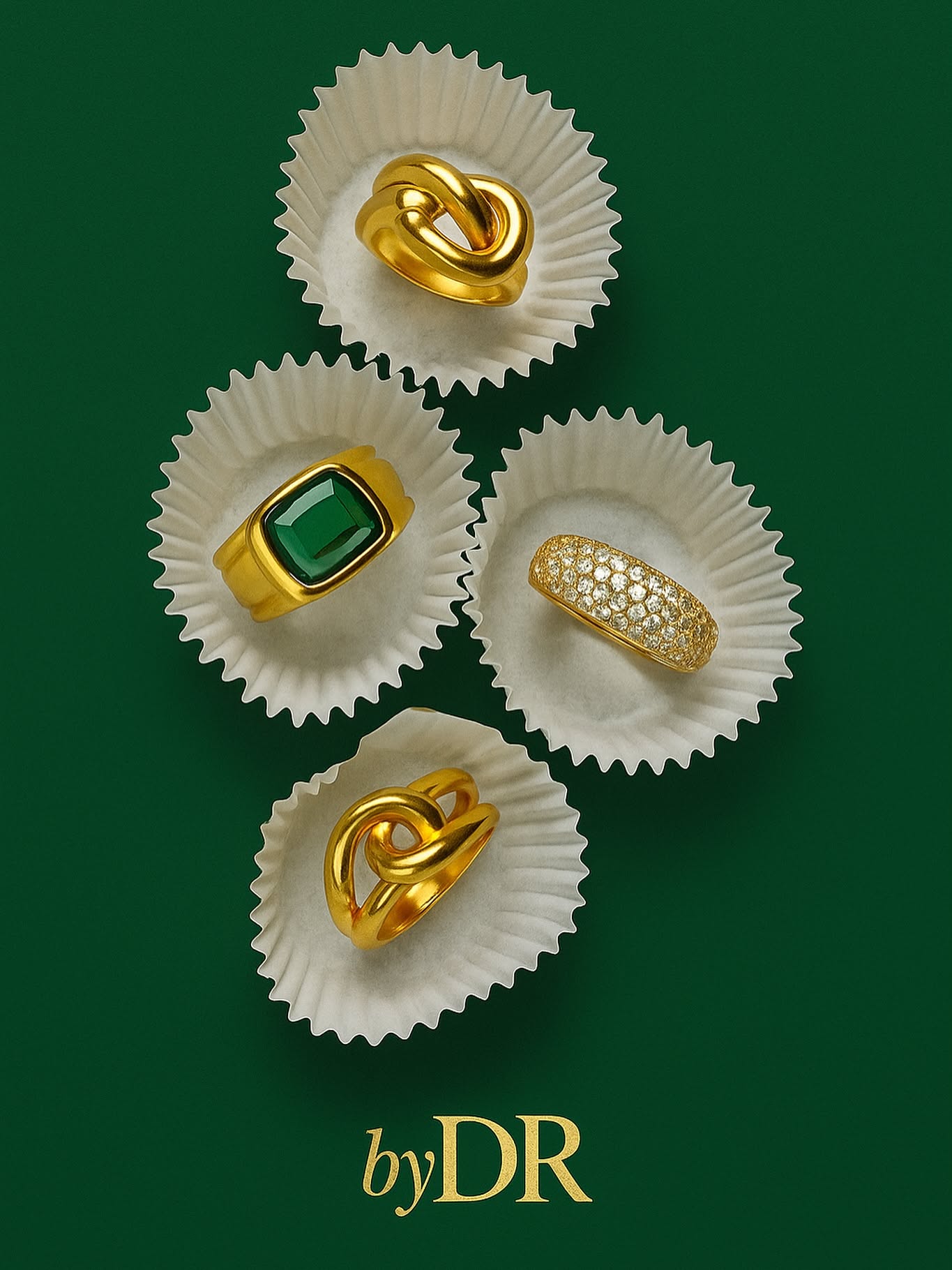 Instagram post: Four gold rings presented in white paper candy cups like chocolates