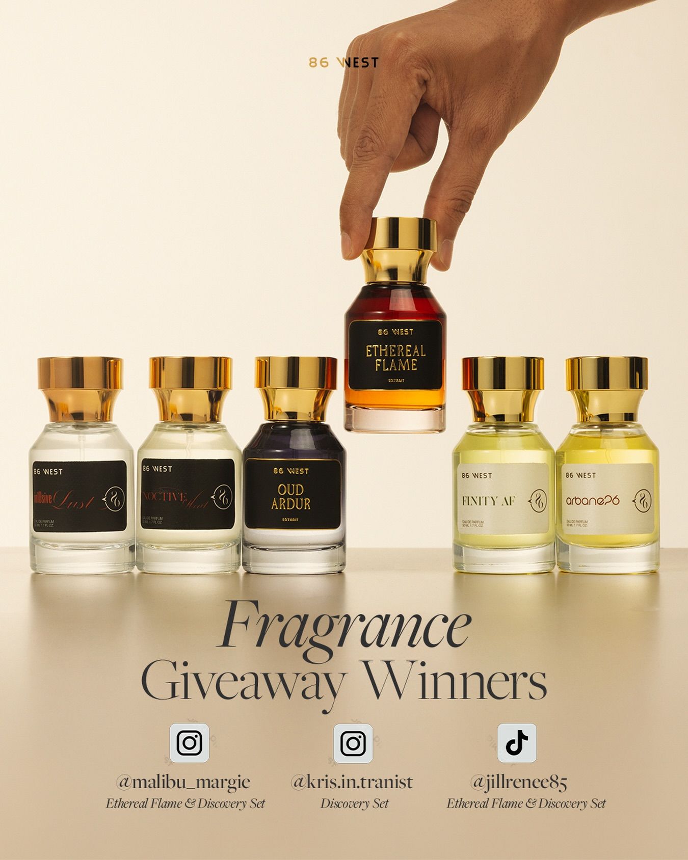 Instagram post: Row of six perfume bottles with a hand lifting the amber centre bottle above the rest
