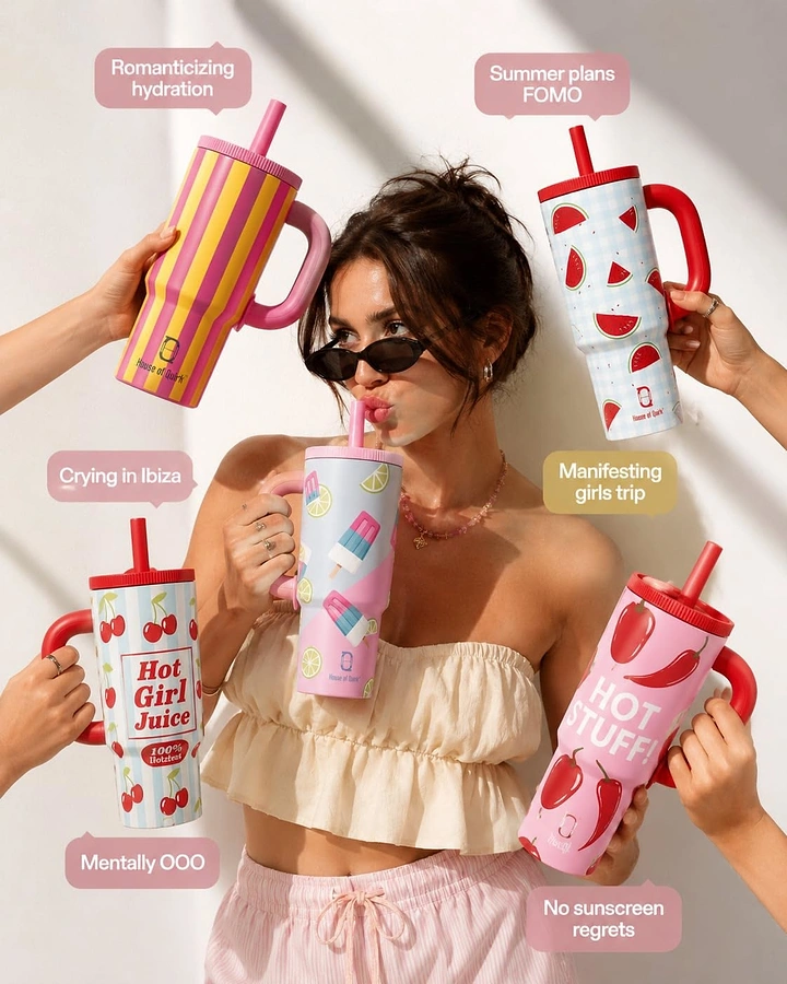 Tumblers, Flasks & Drinkware creative ad: Gen-Z chaotic moodboard cup collage